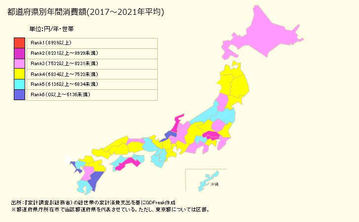 グラフ ケーキの家計消費支出 都道府県別年間家計消費支出