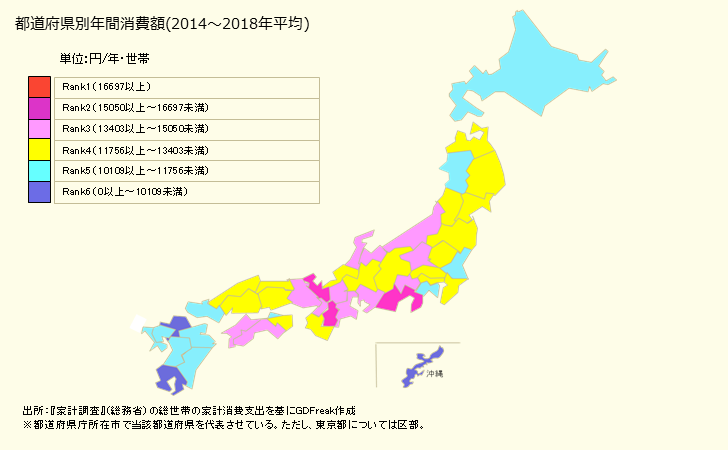 グラフ すし(弁当)の家計消費支出 都道府県別年間家計消費支出