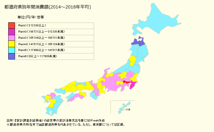 グラフ 一般外食の家計消費支出 都道府県別年間家計消費支出