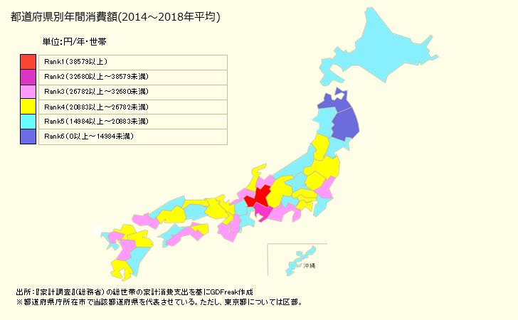 グラフ 和食の家計消費支出 都道府県別年間家計消費支出