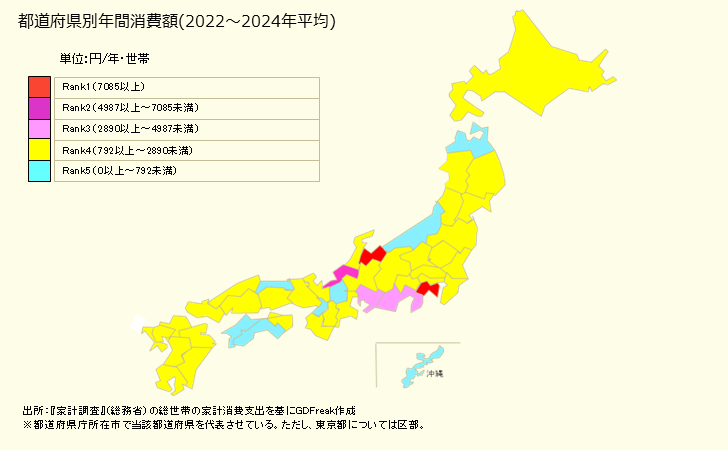 グラフ 室内装飾品の家計消費支出 都道府県別年間家計消費支出