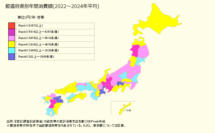グラフ 家具・家事用品関連サービスの家計消費支出 家具・家事用品関連サービスの都道府県別年間家計消費支出