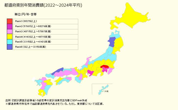 グラフ 洋服の家計消費支出 洋服の都道府県別年間家計消費支出