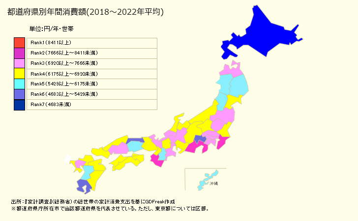グラフ 他の被服の家計消費支出 他の被服の都道府県別年間家計消費支出