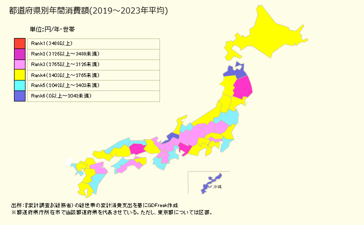 グラフ 他の被服のその他の家計消費支出 他の被服のその他の都道府県別年間家計消費支出