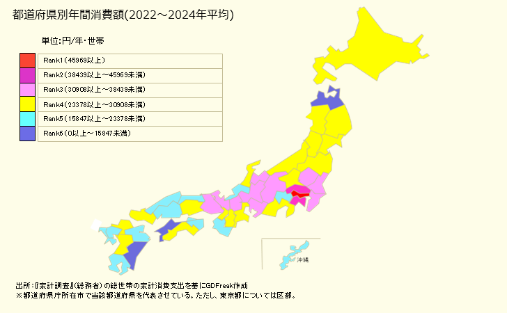 グラフ 宿泊料の家計消費支出 都道府県別年間家計消費支出