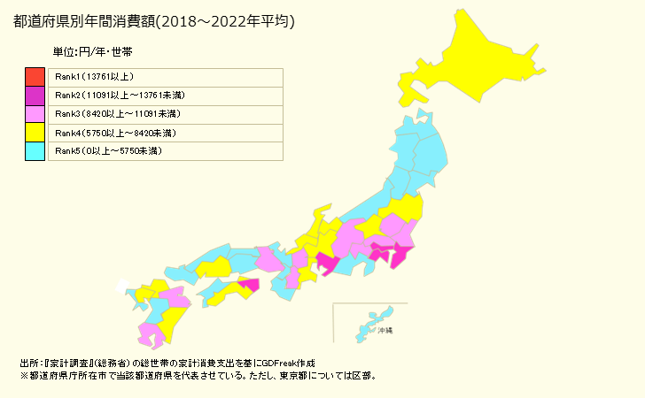 グラフ ゴルフプレー料金の家計消費支出 ゴルフプレー料金の都道府県別年間家計消費支出