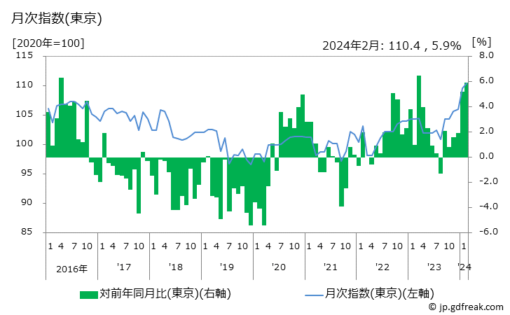 グラフ テニスラケットの価格の推移と地域別(都市別)の値段・価格ランキング(安値順) 月次指数(東京)