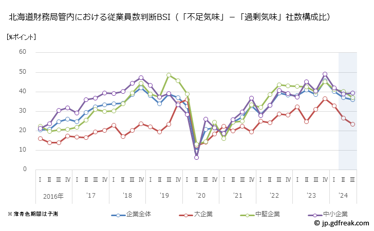 グラフ 北海道財務局管内の法人企業景気予測 北海道財務局管内における従業員数判断BSI（「不足気味」－「過剰気味」社数構成比）
