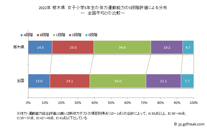 グラフ 年次 2019年 栃木県 小学5年生の全国と比べた体力運動能力 2022年 栃木県　女子小学5年生の体力運動能力の5段階評価による分布