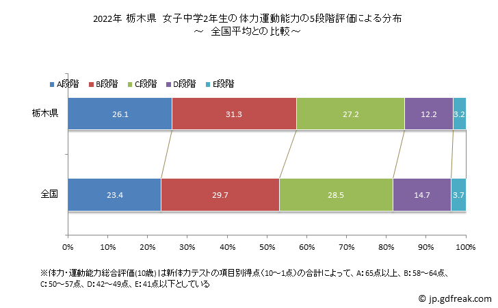 グラフ 年次 2019年 栃木県 中学2年生の全国と比べた体力運動能力 2022年 栃木県　女子中学2年生の体力運動能力の5段階評価による分布