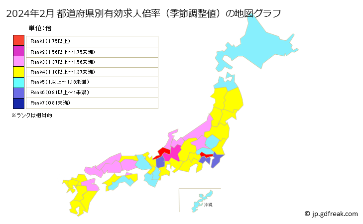 都道府県の有効求人倍率（季節調整値）の地図グラフ