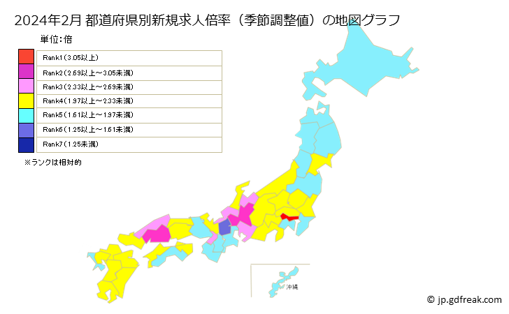 都道府県の新規求人倍率（季節調整値）の地図グラフ