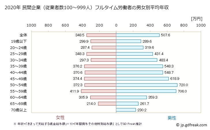 グラフ 年次 兵庫県の平均年収 (不動産業・物品賃貸業の常雇フルタイム) 民間企業（従業者数100～999人）フルタイム労働者の男女別平均年収