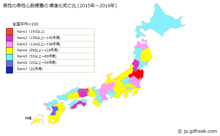 グラフ 年次 都道府県別の急性心筋梗塞の死亡リスク格差 男性の急性心筋梗塞の 標準化死亡比 (2015年～2019年) 