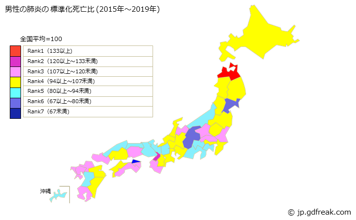 都道府県マップでみる男性の肺炎の標準化死亡比(2015年～2019年)