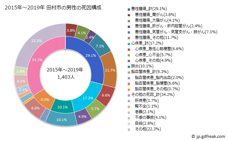 グラフ 年次 田村市(福島県)の死亡原因の構成と死亡リスク格差(全国比) 2015年～2019年 田村市の男性の死因構成