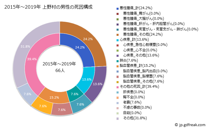 グラフ 年次 上野村(群馬県)の死亡原因の構成と死亡リスク格差(全国比) 2015年～2019年 上野村の男性の死因構成