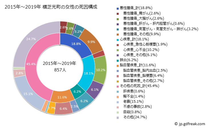 グラフ 年次 横芝光町(千葉県)の死亡原因の構成と死亡リスク格差(全国比) 2015年～2019年 横芝光町の女性の死因構成