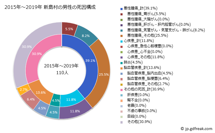 グラフ 年次 新島村(東京都)の死亡原因の構成と死亡リスク格差(全国比) 2015年～2019年 新島村の男性の死因構成