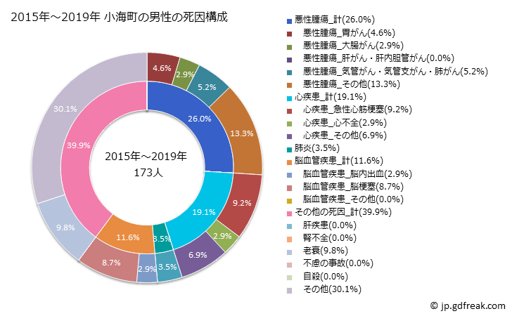 グラフ 年次 小海町(長野県)の死亡原因の構成と死亡リスク格差(全国比) 2015年～2019年 小海町の男性の死因構成