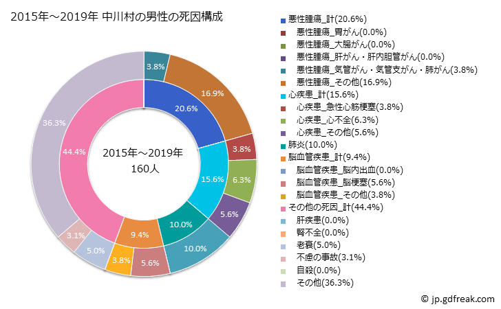 グラフ 年次 中川村(長野県)の死亡原因の構成と死亡リスク格差(全国比) 2015年～2019年 中川村の男性の死因構成