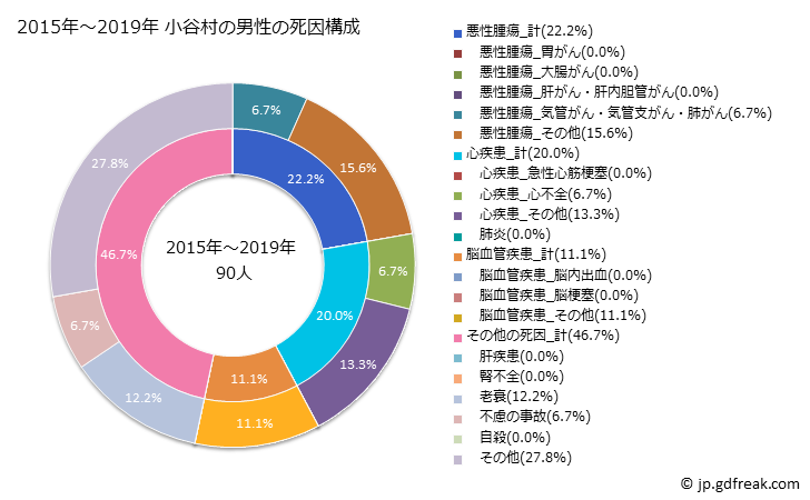 グラフ 年次 小谷村(長野県)の死亡原因の構成と死亡リスク格差(全国比) 2015年～2019年 小谷村の男性の死因構成
