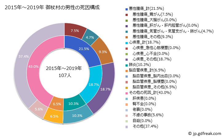 グラフ 年次 御杖村(奈良県)の死亡原因の構成と死亡リスク格差(全国比) 2015年～2019年 御杖村の男性の死因構成