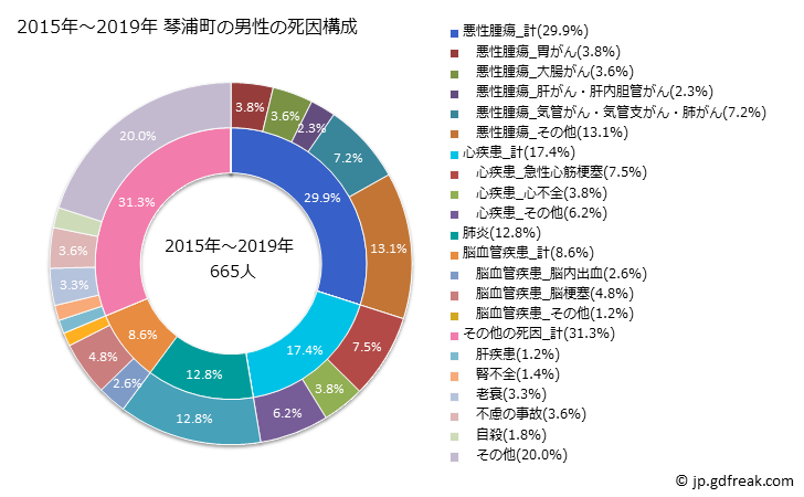 グラフ 年次 琴浦町(鳥取県)の死亡原因の構成と死亡リスク格差(全国比) 2015年～2019年 琴浦町の男性の死因構成