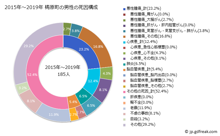 グラフ 年次 梼原町(高知県)の死亡原因の構成と死亡リスク格差(全国比) 2015年～2019年 梼原町の男性の死因構成