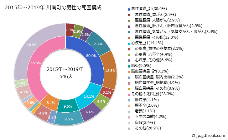 グラフ 年次 川南町(宮崎県)の死亡原因の構成と死亡リスク格差(全国比) 2015年～2019年 川南町の男性の死因構成