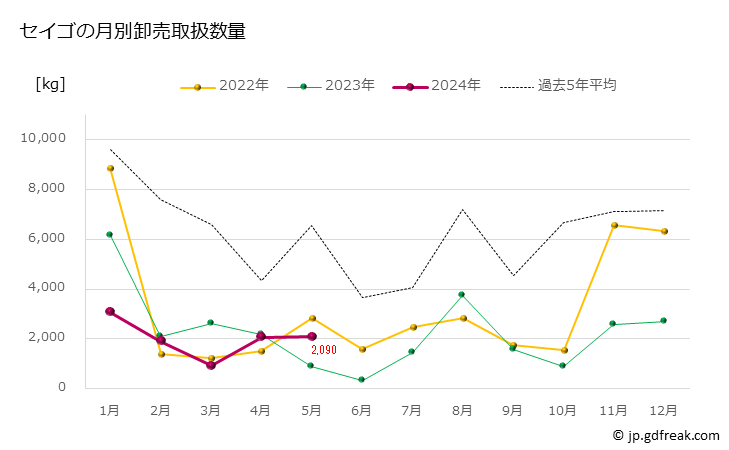 グラフ 豊洲市場のセイゴ（１歳魚程度のスズキの幼魚）の市況（月報） セイゴの月別卸売取扱数量