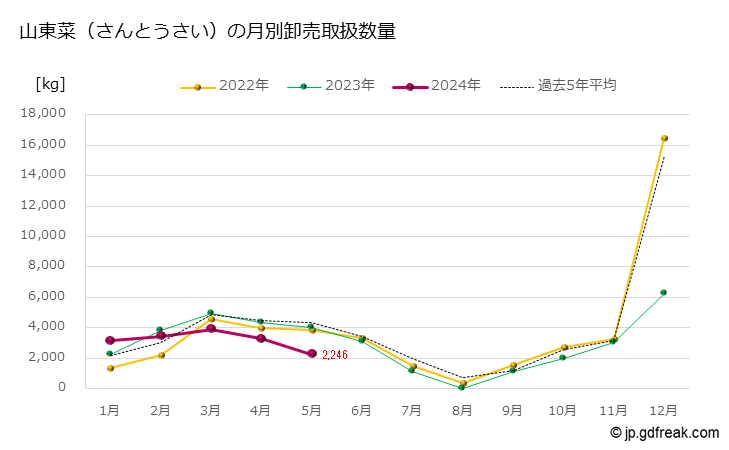 グラフ 大田市場の山東菜（さんとうさい）の市況（月報） 山東菜（さんとうさい）の月別卸売取扱数量