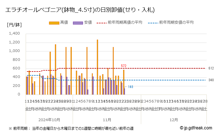 グラフ 大田市場の鉢花_ベゴニア類_エラチオールベゴニアの市況（日報と月報） エラチオールベゴニア(鉢物_4.5寸)の日別卸値(せり・入札)の相場