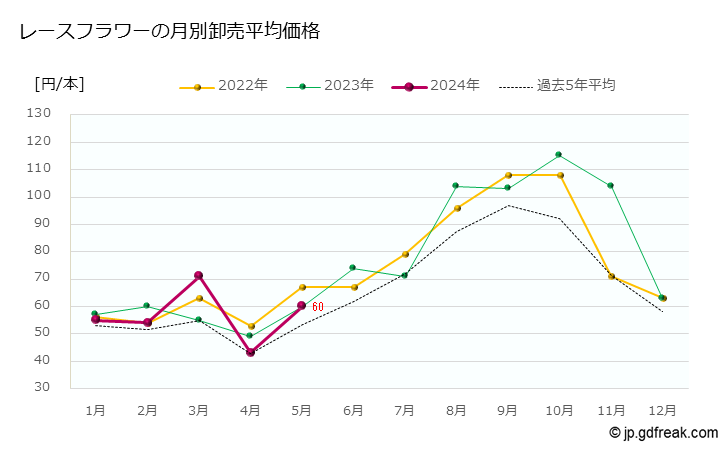 グラフ 大田市場の切花_レースフラワーの市況（月報） レースフラワーの月別卸売平均価格