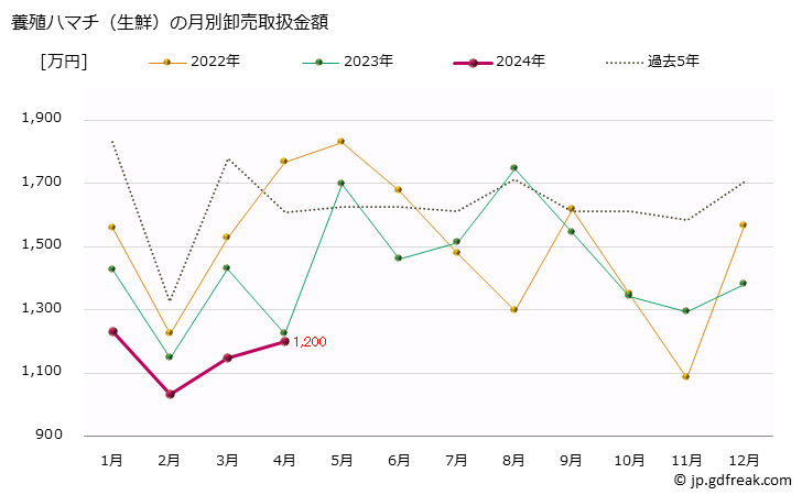 グラフ 大阪・本場市場の生鮮ハマチの市況(値段・価格と数量) 養殖ハマチ（生鮮）の月別卸売取扱金額